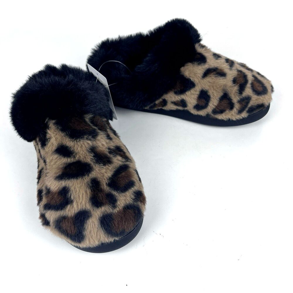 Cuddl Duds Womens Clog Slippers SZ 5-6 Puff Faux Fur Black Natural Leopard print